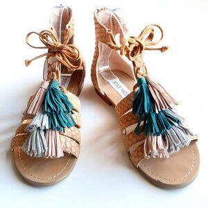 Steve Madden Monrowe Tan Leather Ankle Tie Tassel Gladiator Sandals Summer Shoes